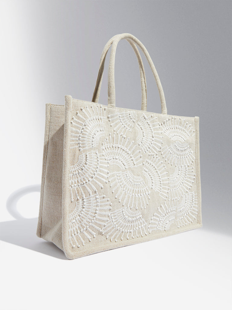 LOV White Embroidered Nina Tote Bag