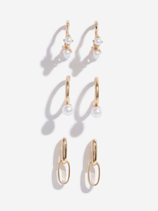 Westside Accessories Gold Faux Pearls Hoop Earrings Set - Pack of 3