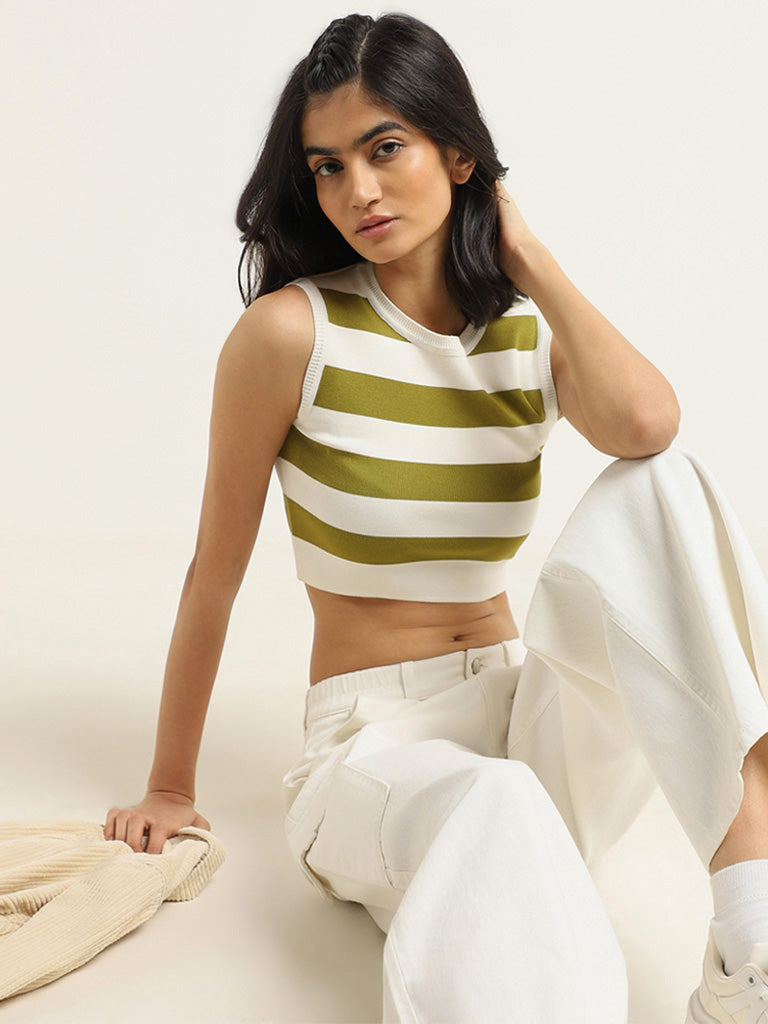 Nuon Green Striped Cotton Blend Crop Top