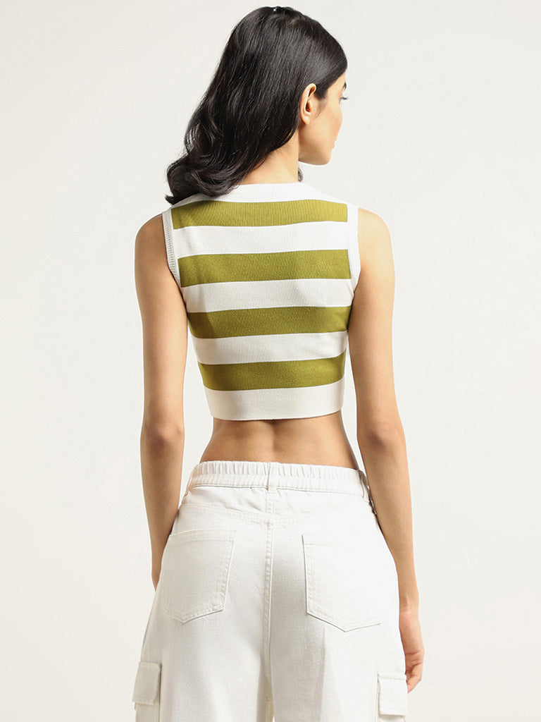 Nuon Green Striped Cotton Blend Crop Top