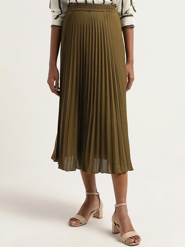 Buy Wardrobe Olive Pleated Skirt from Westside