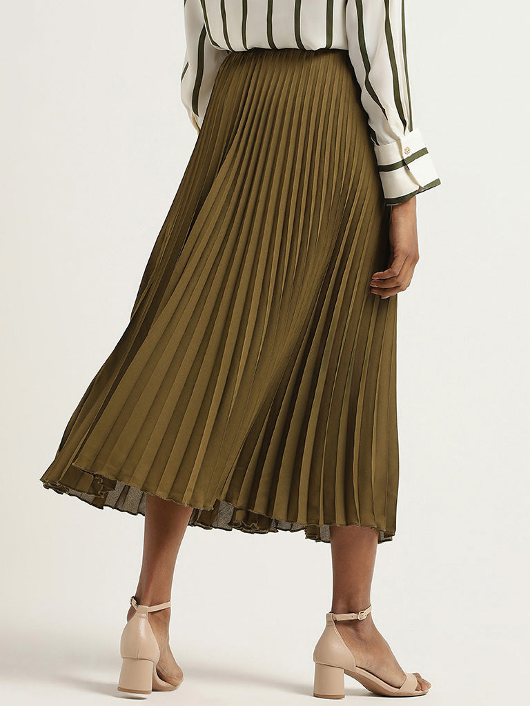 Army green pleated online skirt