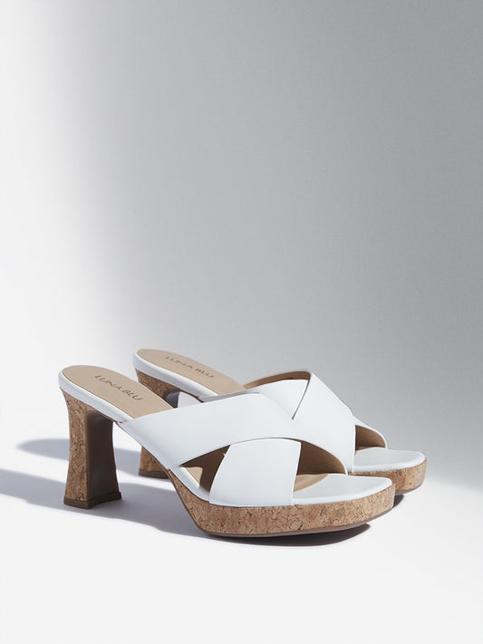 LUNA BLU White Criss-Cross Design Block Sandals