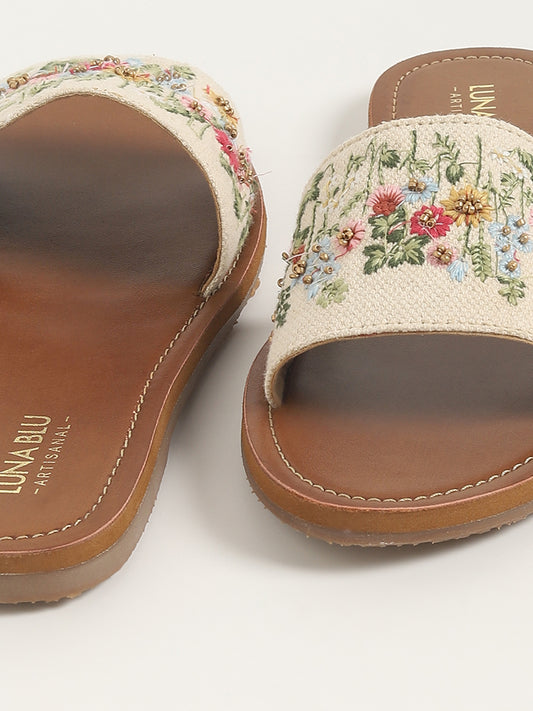 LUNA BLU Beige Floral Embroidered Sandals