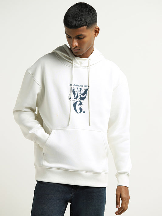 Nuon Off White Printed Cotton Blend Relaxed Fit Hoodie