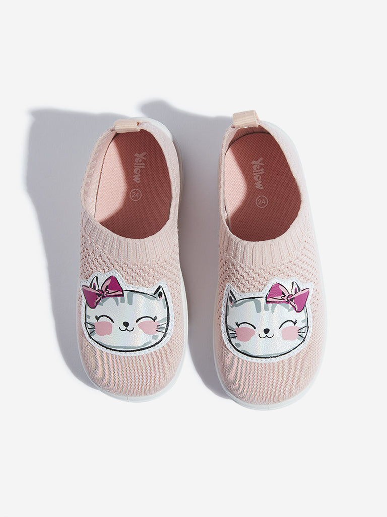 Yellow Pink Cat Design Knitted Shoes