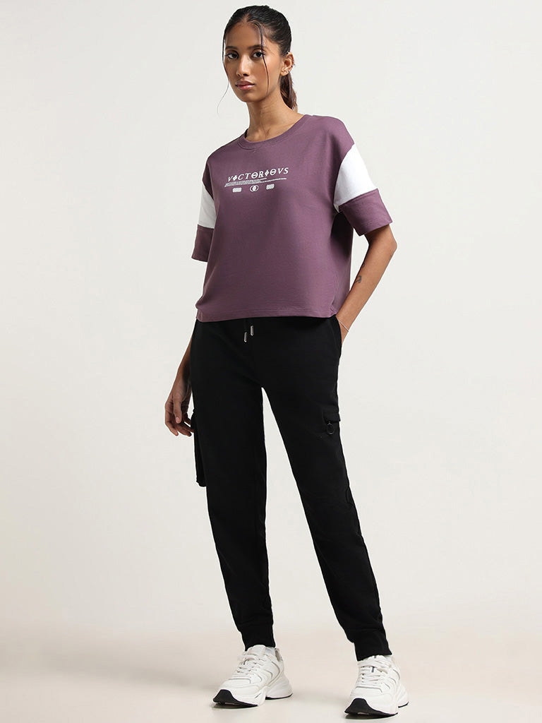 Studiofit Purple Slogan Print Cotton T-Shirt