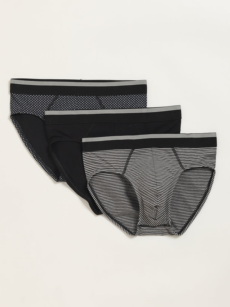 WES Lounge Black Cotton Blend Assorted Briefs - Pack of 3