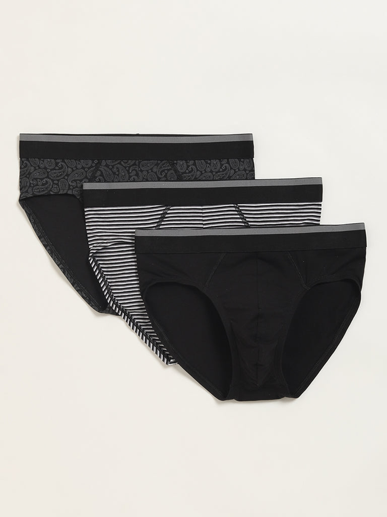 WES Lounge Black Cotton Blend Assorted Briefs - Pack of 3