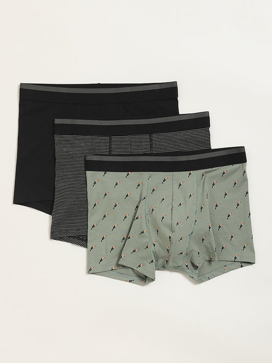 WES Lounge Solid Black Cotton Blend Assorted Trunks - Pack of 3