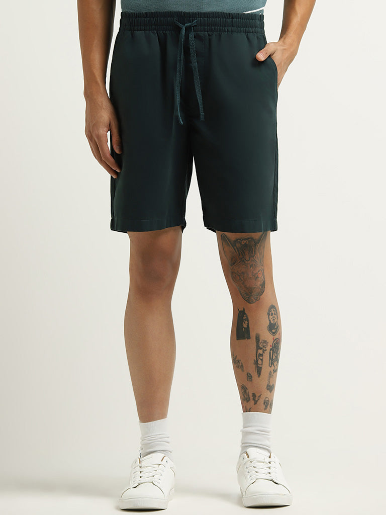 WES Lounge Dark Green Cotton Relaxed Fit Shorts