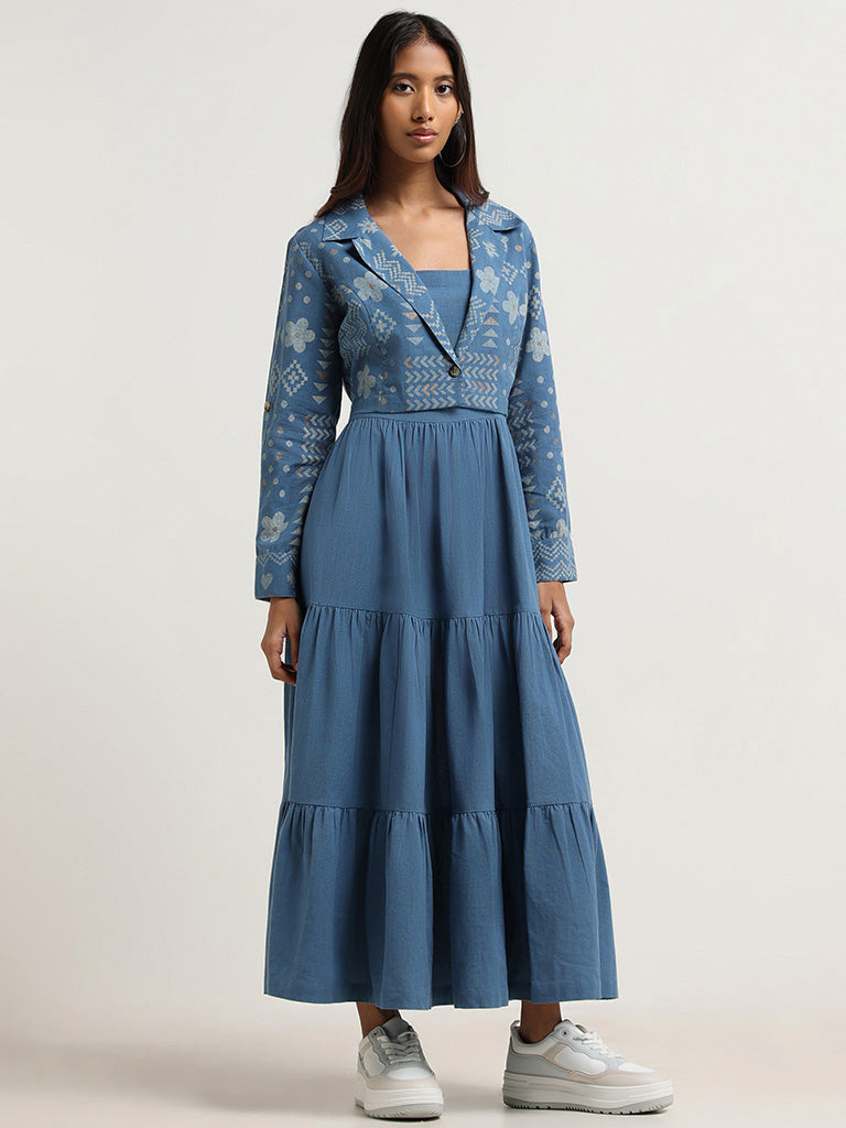 Bombay Paisley Blue Tiered Blended Linen Dress with Jacket
