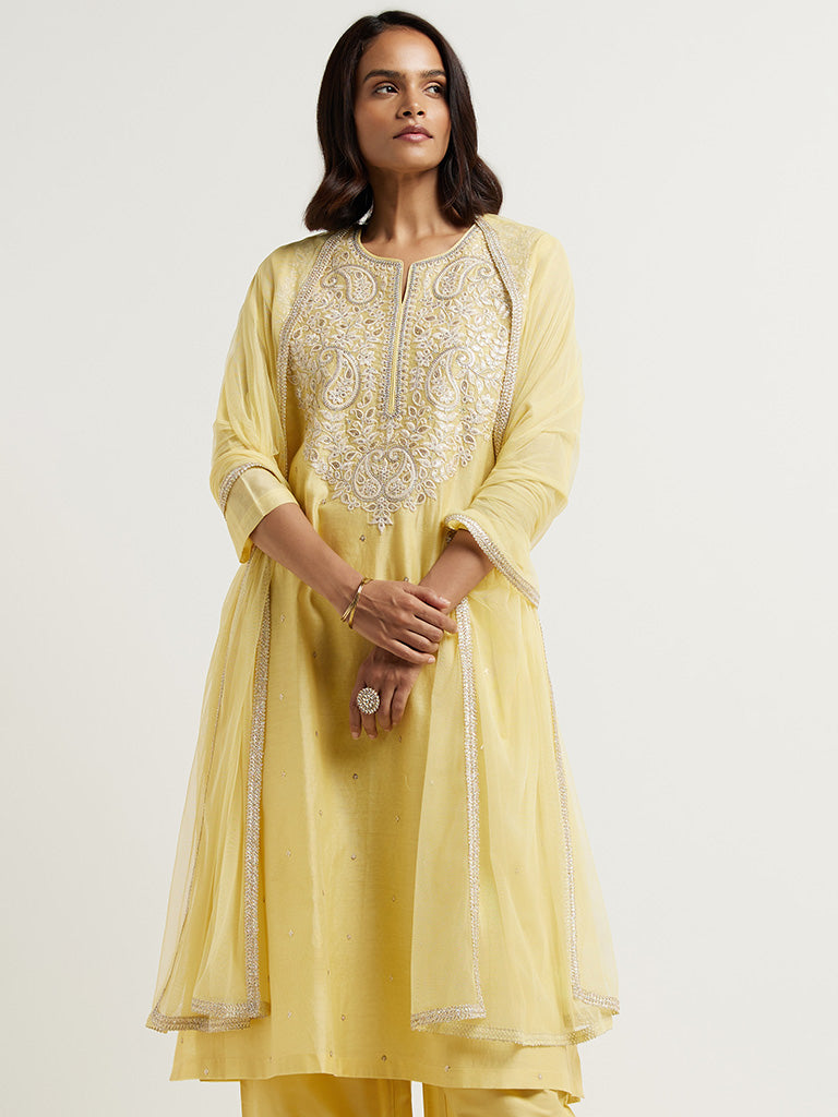Buy Yellow Kurti With Bandhani Printed Geometric Jaal And Gotta Patti Work  KALKI Fashion India