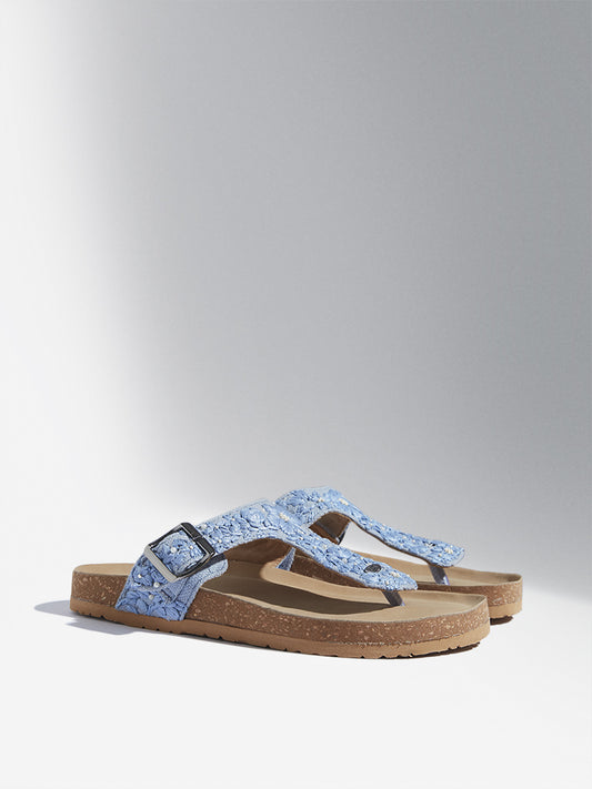 LUNA BLU Blue Floral Design T-Strap Cork Sandals