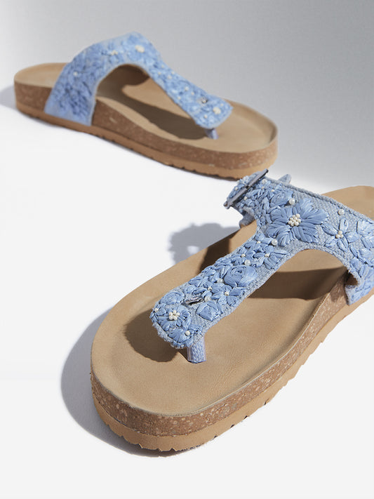 LUNA BLU Blue Floral Design T-Strap Cork Sandals