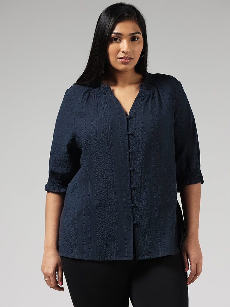 Gia Navy Crinkled Smock Cotton Top