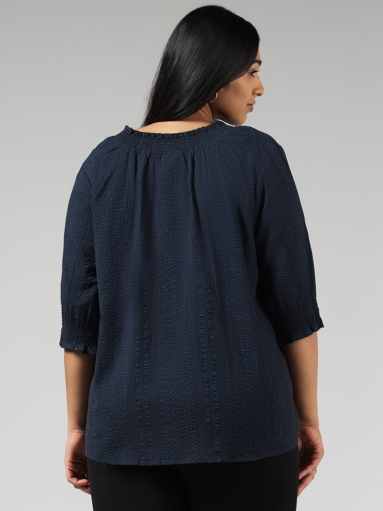 Gia Navy Crinkled Smock Cotton Top