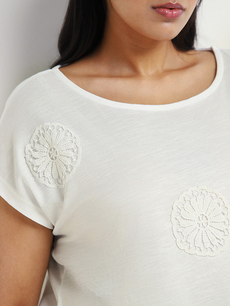 Gia White Patch Embroidery Cotton T-Shirt