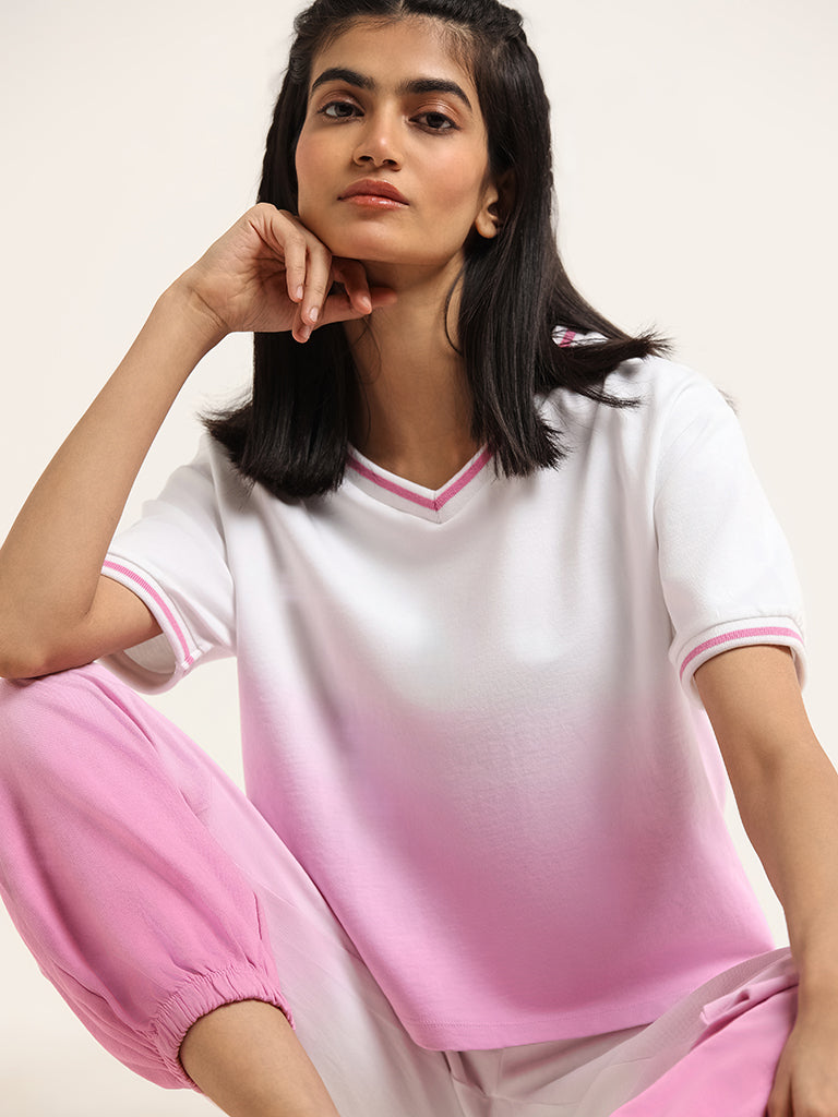 Studiofit Pink and White Ombre Cotton T-Shirt
