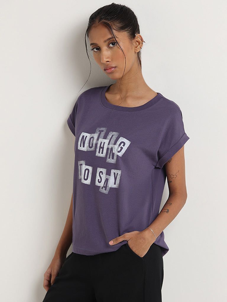 Studiofit Purple Contrast Print Cotton T-Shirt