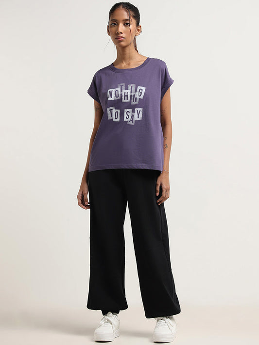 Studiofit Purple Contrast Print Cotton T-Shirt