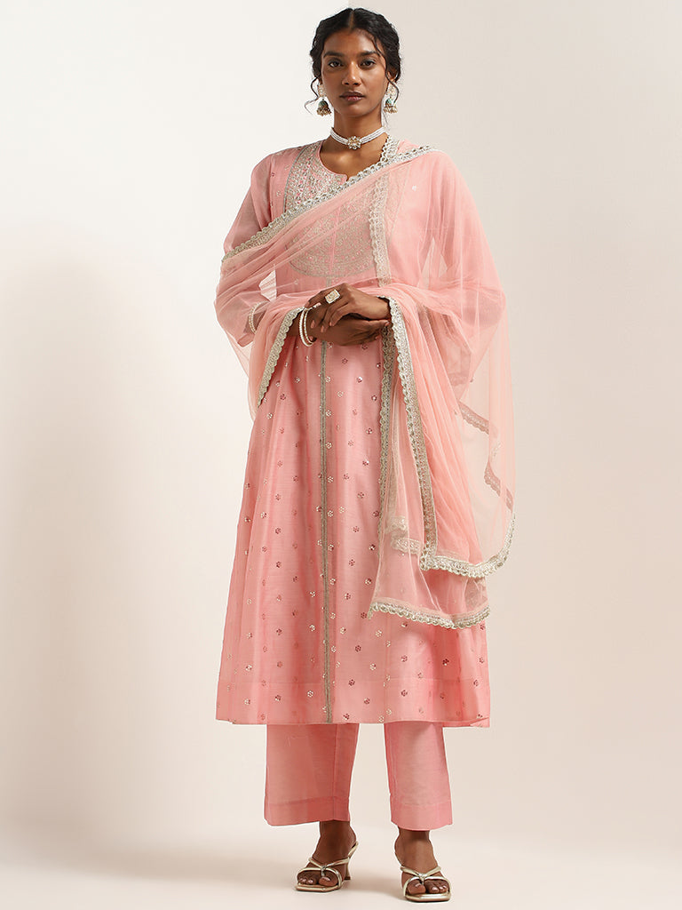 Vark Pink Embroidered Cotton Blend Kurta with Palazzos and Dupatta