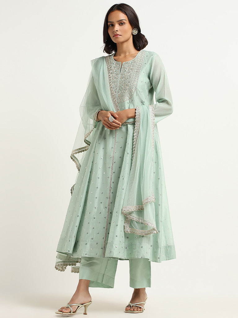 Vark Pastel Green Embroidered Cotton Blend Kurta with Palazzos and Dupatta