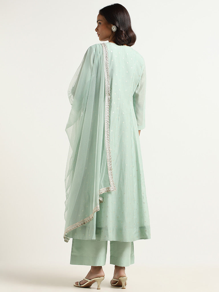 Vark Pastel Green Embroidered Cotton Blend Kurta with Palazzos and Dupatta