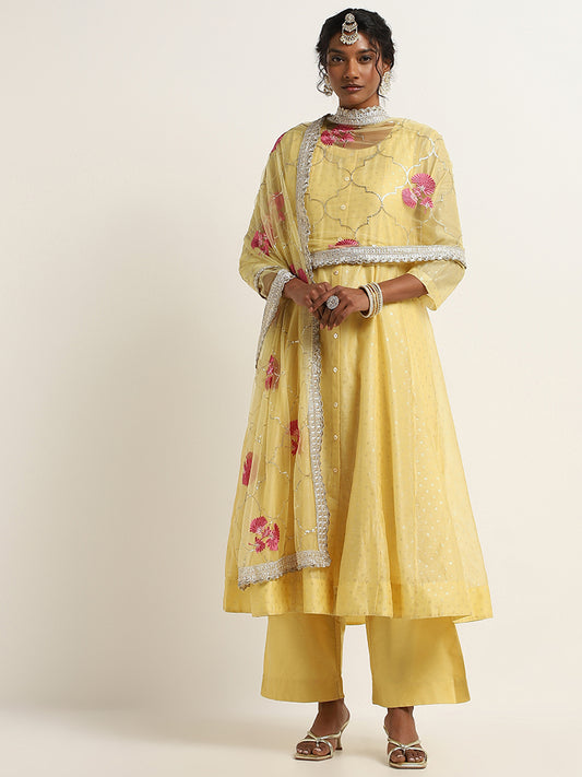 Vark Yellow Printed Cotton Kurta, Pants and Dupatta Set