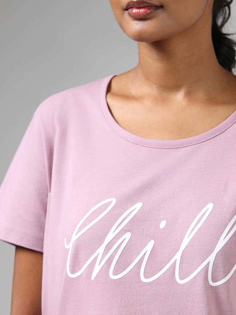 Wunderlove Pink Contrast Printed Cotton T-Shirt