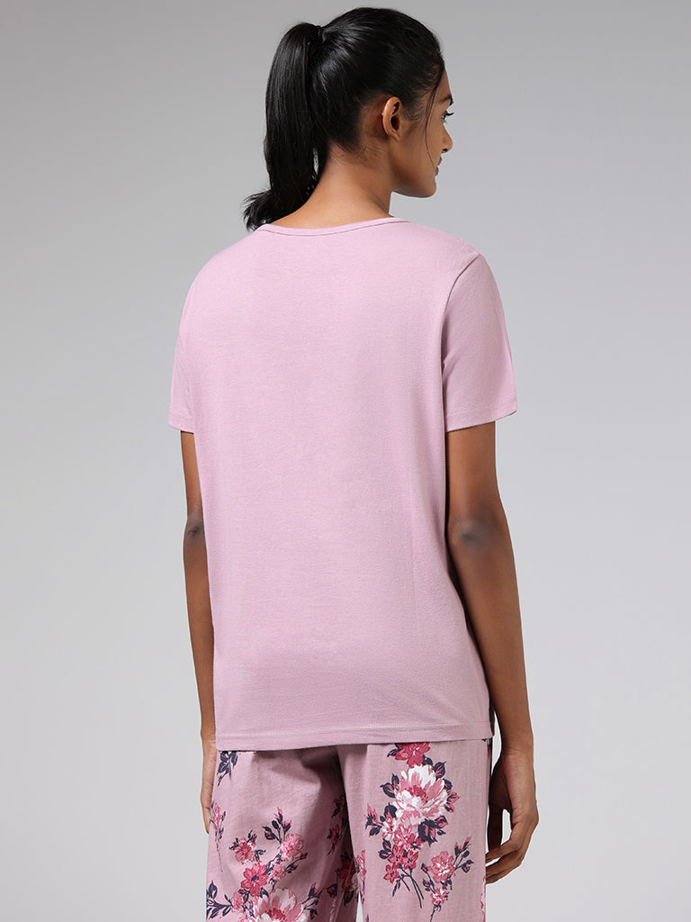 Wunderlove Pink Contrast Printed Cotton T-Shirt