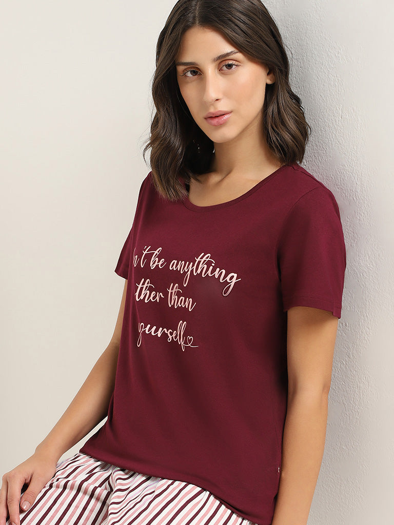 Wunderlove Maroon Contrast Printed Cotton T-Shirt