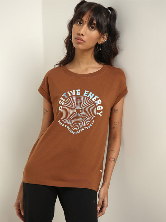 Studiofit Brown Printed Cotton T-Shirt