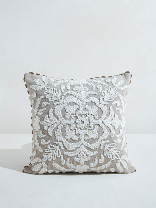 Westside Home Beige Damask Embroidered Cushion Cover