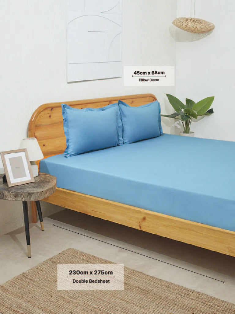 Westside Home Blue Solid Double Bed Flat Sheet and Pillowcase Set