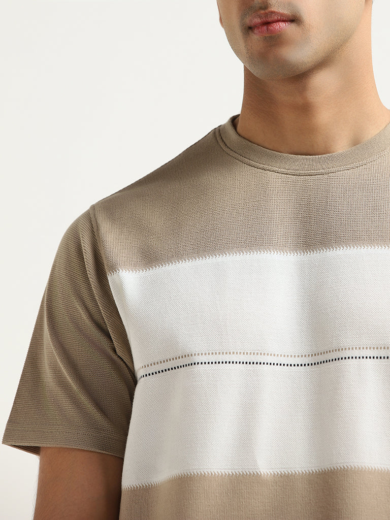 WES Lounge Beige Colour-Block Cotton Blend Relaxed Fit T-Shirt