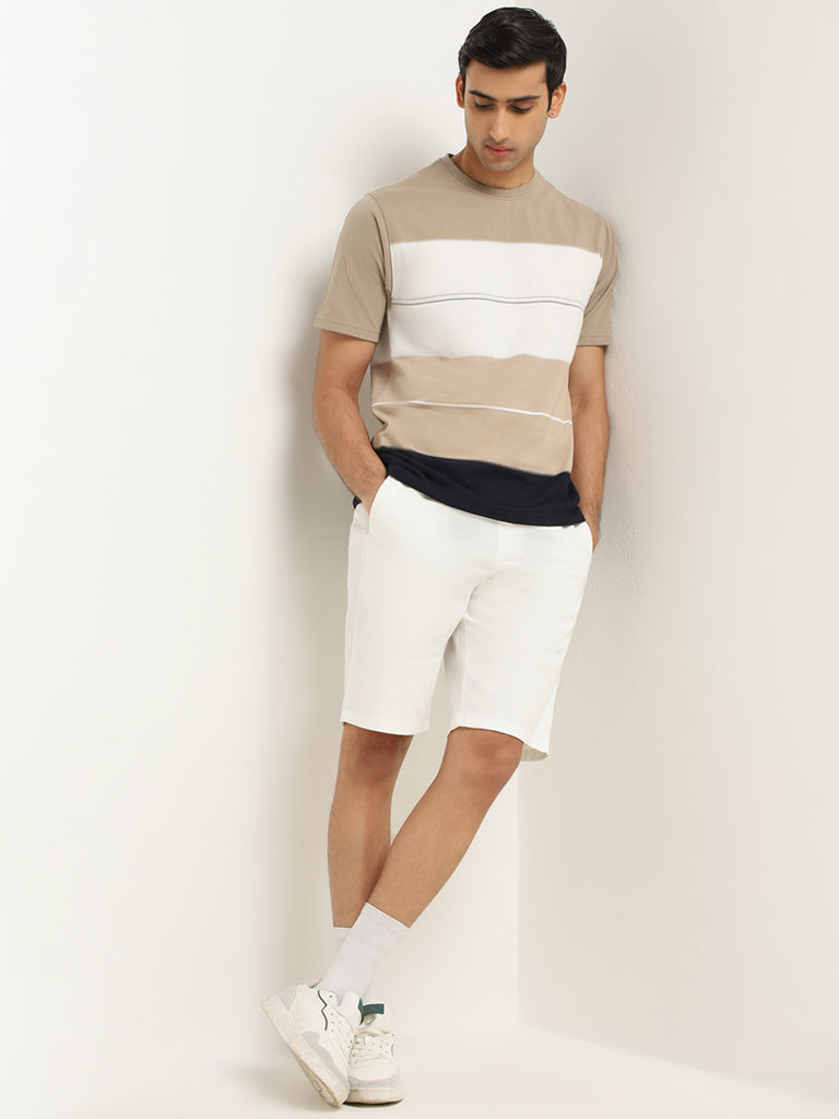 WES Lounge Beige Colour-Block Cotton Blend Relaxed Fit T-Shirt