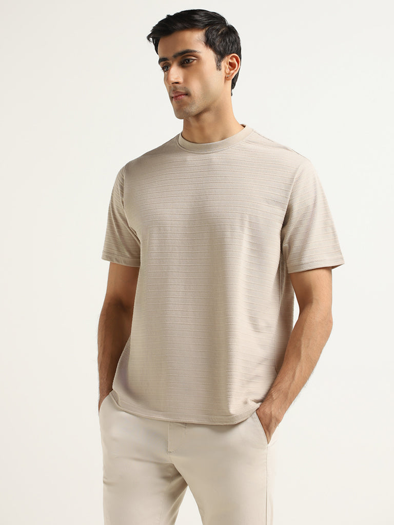 WES Lounge Beige Self-Patterned Cotton Blend Relaxed Fit T-Shirt