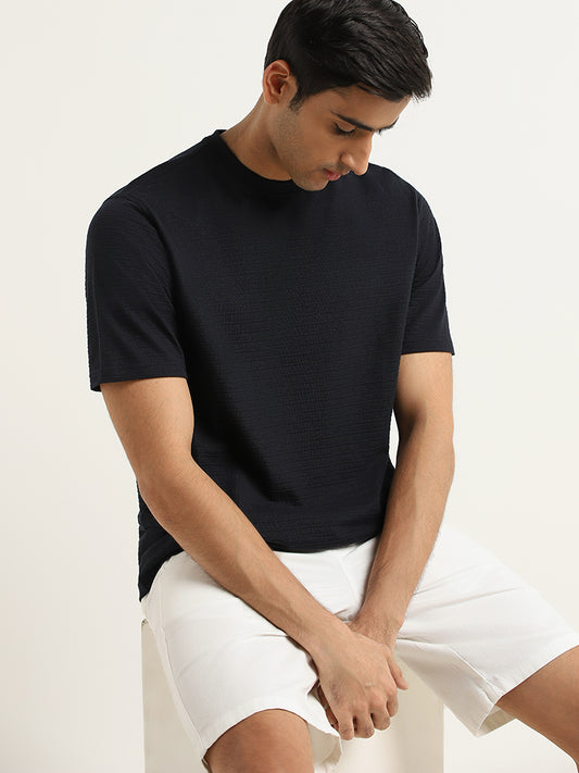 WES Lounge Navy Self-Patterned Relaxed Fit T-Shirt