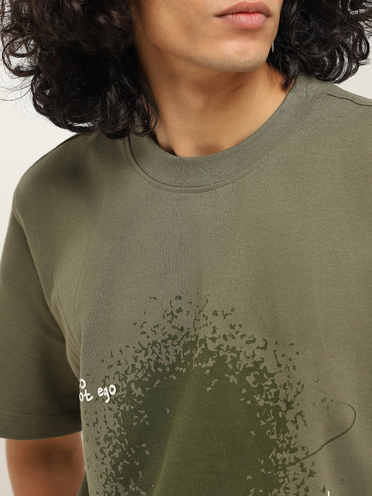 Studiofit Green Printed Cotton Relaxed Fit T-Shirt