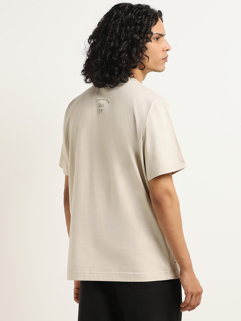 Studiofit Beige Printed Relaxed Fit T-Shirt