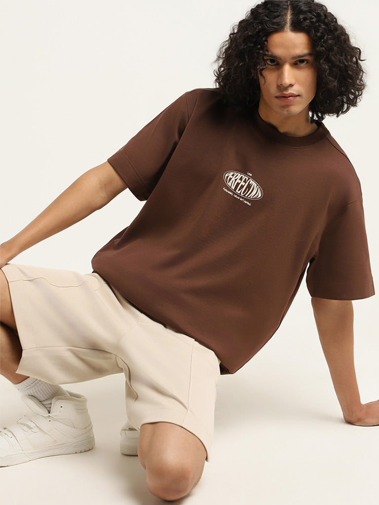 Studiofit Brown Printed Cotton Blend Relaxed Fit T-Shirt