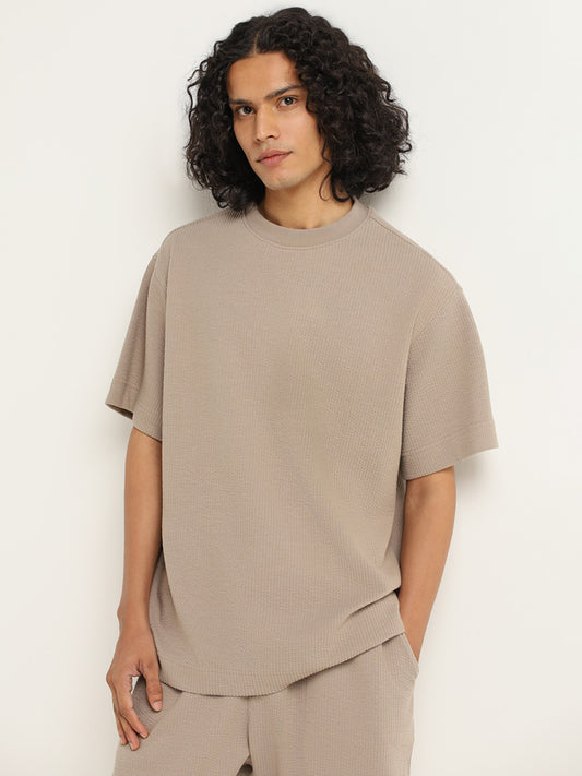 Studiofit Plain Taupe Cotton Blend Relaxed Fit T-Shirt