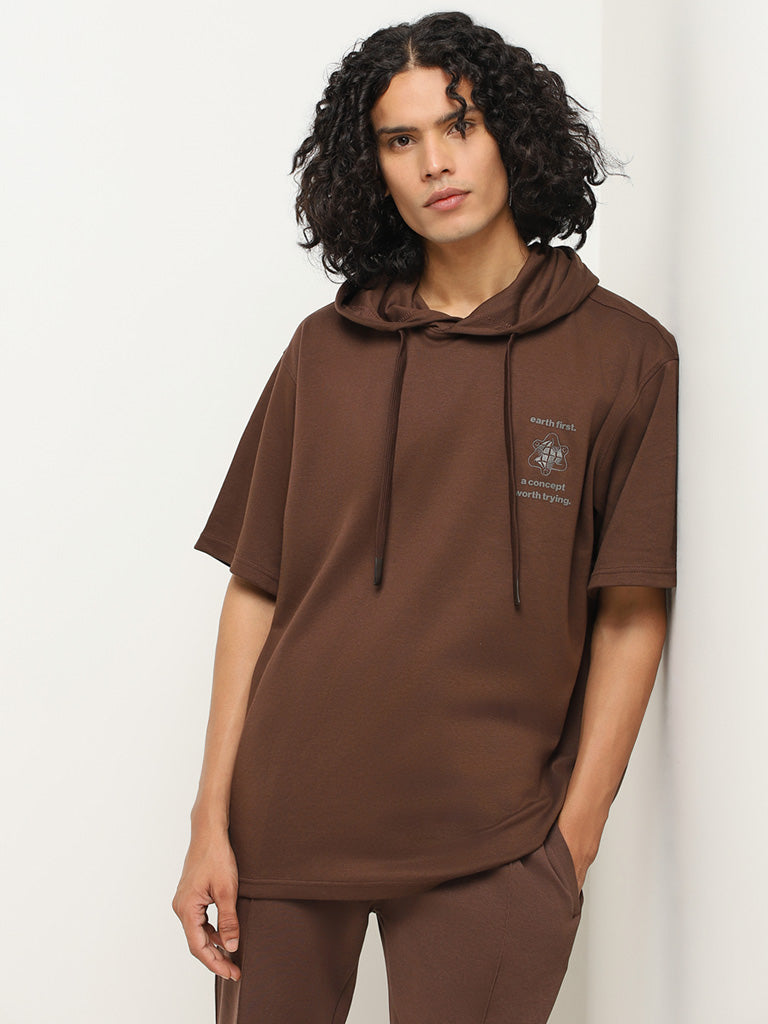 Studiofit Brown Hoodie Relaxed Fit T-Shirt