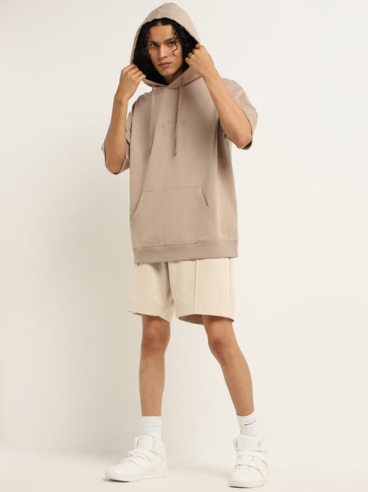 Studiofit Taupe Hoodie Cotton Blend Relaxed Fit T-Shirt