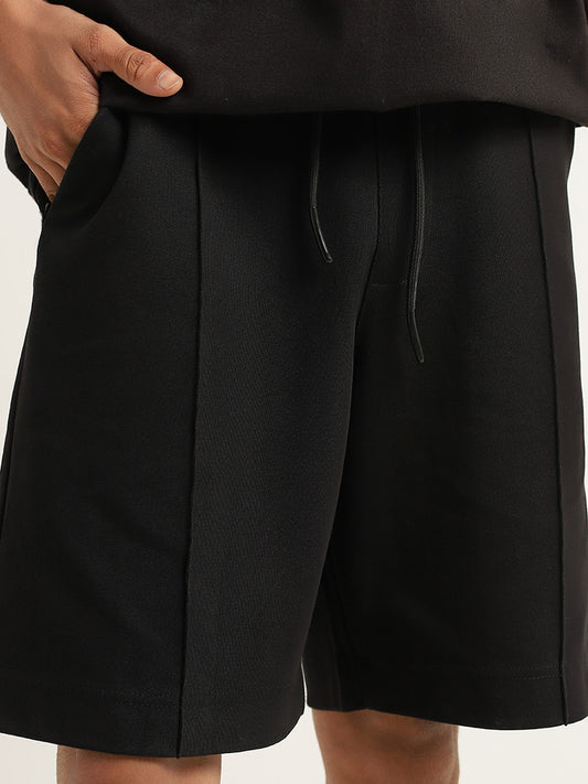 Studiofit Plain Black Cotton Blend Relaxed Fit Shorts