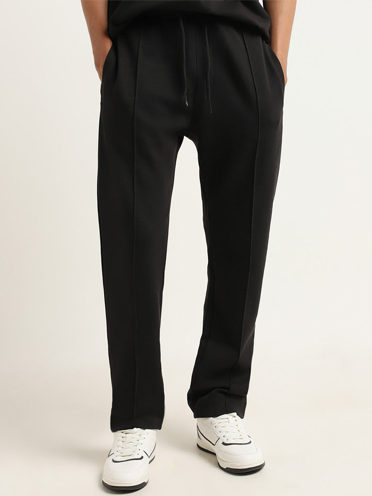 Studiofit Black Plain Cotton Blend Relaxed Fit Track Pants