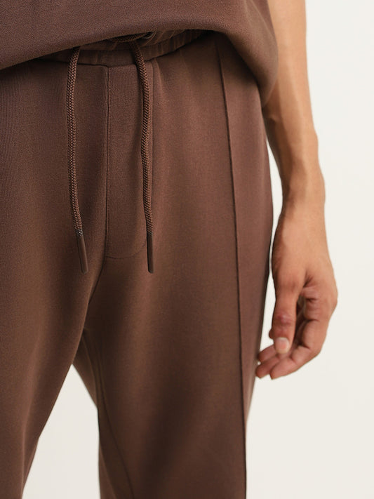 Studiofit Brown Plain Cotton Blend Relaxed Fit Track Pants