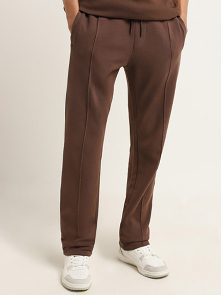 Studiofit Brown Plain Relaxed Fit Track Pants