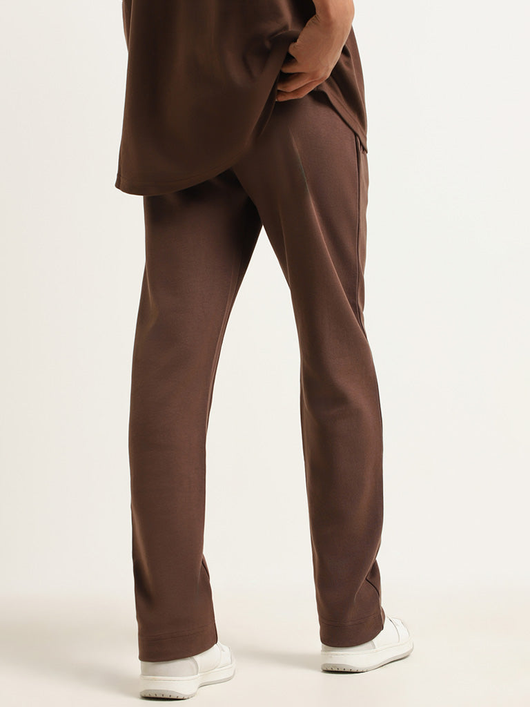 Studiofit Brown Plain Relaxed Fit Track Pants